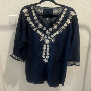Johnny Was Embroidered Navy Blue and White Blouse Shirt